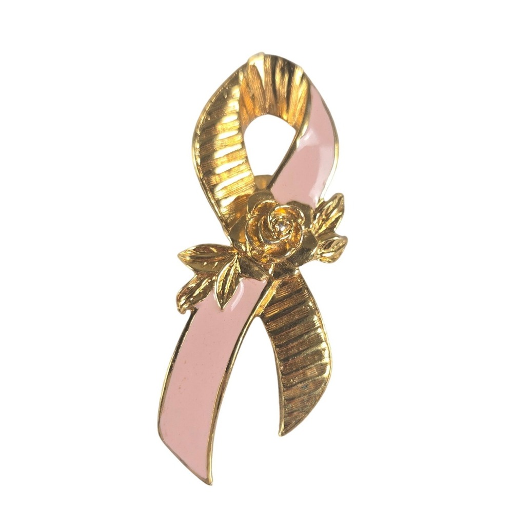 Avon Pink Ribbon Brooch Gold Tone Rose‎ Breast Cancer Awareness Pin